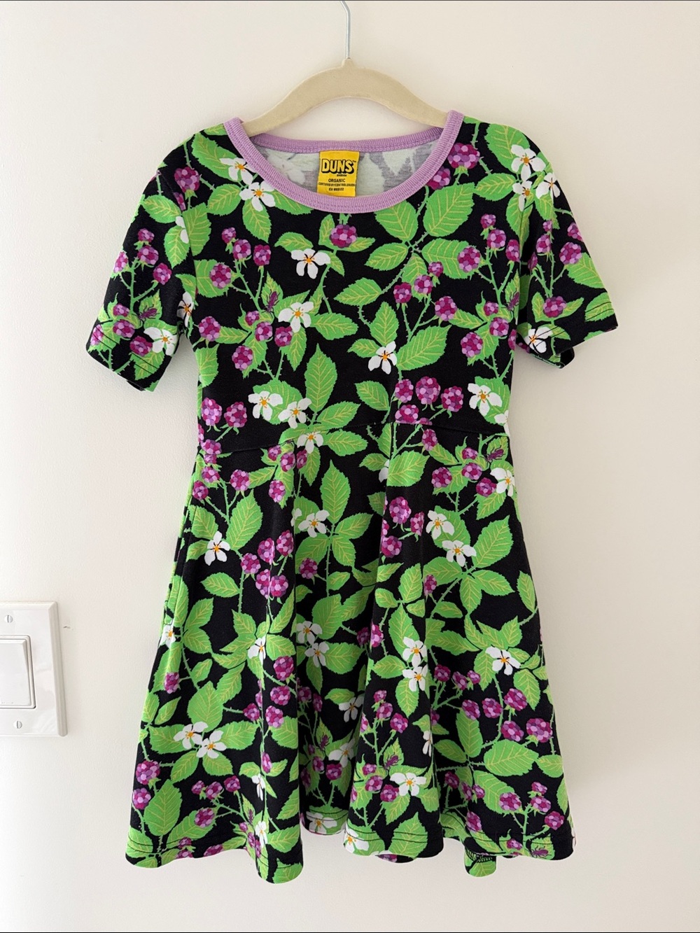 Duns Sweden Black Floral Jersey Dress with Green & Purple Print